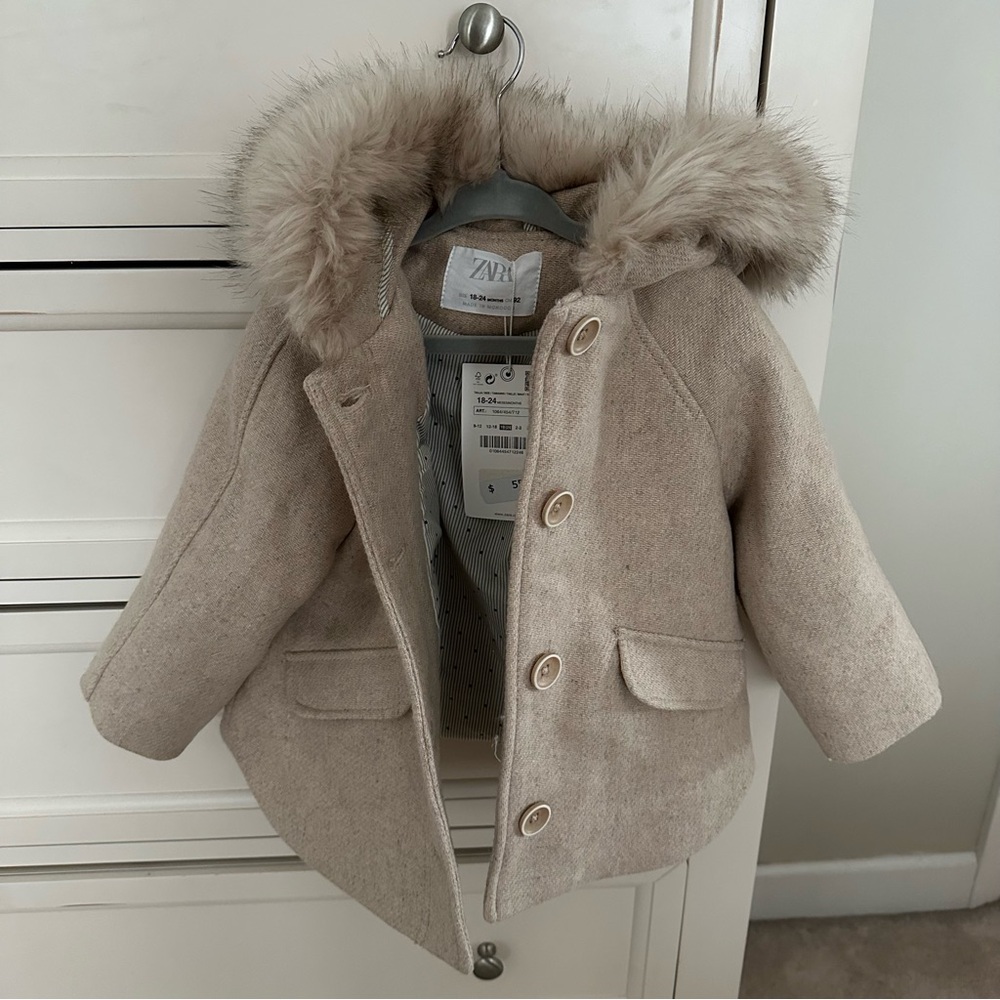 Zara Kids Tan Fur-Trimmed Pea Coat